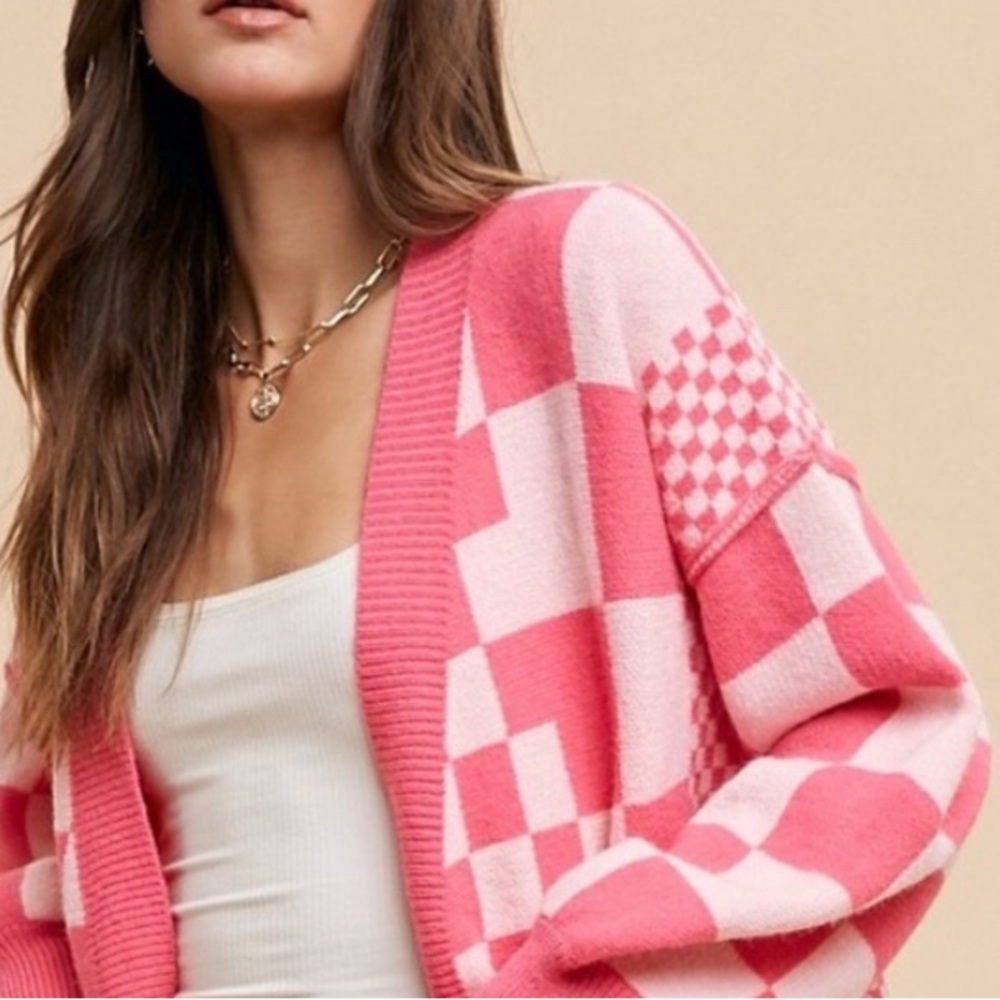 Anniewear checkered open-front drop-shoulder cardigan pink  sz L $54
